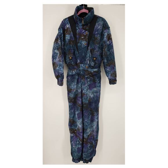 Vintage Black Bear Ski Snow Suit M Jumpsuit Abstract Aztec Insulated Blue Black - Picture 1 of 14